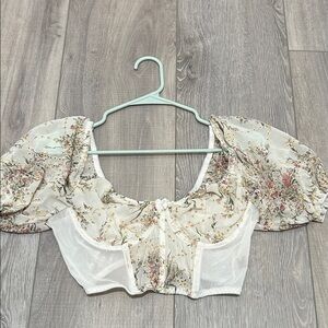 Womens Floral Eyelet Puff Sleeve Sweetheart Bustier Corset Crop Top Cottagecore